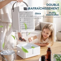 HOMCOM Climatiseur portable, mini rafraîchisseur d'air 4 en 1, 4 vitesses, 2 modes brumisation, éclairage LED RGB, blanc(m-7)