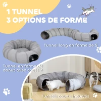 PawHut Tunnel pour chat intérieur rond tunnel avec lit et coussin, pliable, avec trous pour balles et judas, Ø 90 x 27 cm gris(m-5)