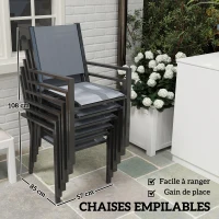 Outsunny Table de jardin extérieure avec 6 chaises empilables, plateau à lattes 150 cm, structure en acier anti-rouille, gris(m-4)