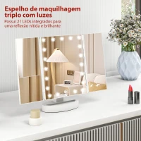 HOMCOM Espelho de Maquilhagem com Luz com Aumento 1x/2x/3x Rotação Livre de 180° 21 Luzes LED 28x12x18 cm Branco(m-4)