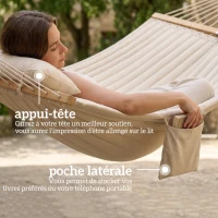 Outsunny Hamac suspendu 325 cm avec oreiller extra-long, tissu matelassé, poche pour magazines, intérieur et extérieur, crème(m-7)