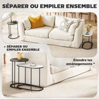 HOMCOM Lot de 2 tables basses gigognes, tables d'appoint empilable style contemporain, cadre en métal gris et blanc(m-4)