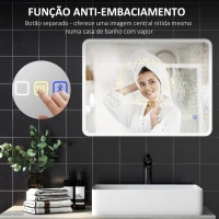 HOMCOM Espelho de Casa de Banho com Luz LED 80x60 cm Bluetooth 3 Cores de Luz Relógio Digital Função Antiembaciamento Função de Memória Prata(m-7)