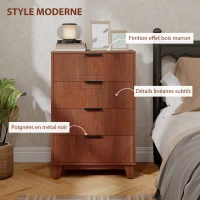 HOMCOM Commode 4 tiroirs meuble de rangement vintage avec poignées en métal, 60 x 36 x 90 cm, effet bois marron(m-5)