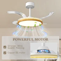 HOMCOM Deckenventilator mit Licht und Fernbedienung, 95 cm moderner LED-Deckenventilator mit einziehbaren Flügeln, Natur(m-6)