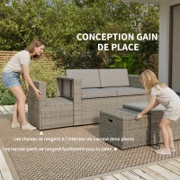 Outsunny Salon de Jardin en Résine Tressée Demi-Ronde 6 Pièces Encastrable Gain de Place 135x66x62cm Gris(m-5)
