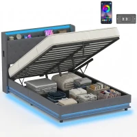 HOMCOM Cadru pat 140 x 200 cm cu tăblie și picior, pat tip platformă cu depozitare hidraulică, lumini LED(m-7)