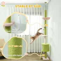 PawHut Arbre à chat du sol au plafond 5 niveaux hauteur réglable 220-240 cm plateformes fleur avec griffoir niche hamac vert(m-7)