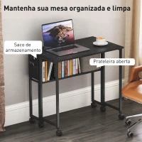 HOMCOM Secretária Dobrável com Rodas Prateleira e Bolso de Armazenamento Ideal para Espaços Pequenos 80x50x75 cm Preto(m-5)