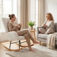 HOMCOM Fauteuil à bascule en tissu effet laine bouclée avec pieds en bois massif d'hévéa pour chambre, salon, crème(m-8)