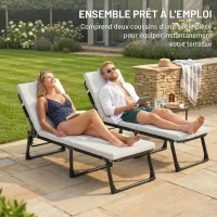 Outsunny Lot de 2 Coussins de Chaise Longue avec 5 Sangles et Poignée Intégrée, pour Plage Balcon Jardin, 182x53x6cm, Gris Clair(m-4)