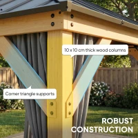 Outsunny 3 x 3 m Outdoor Hardtop Gazebo Canopy with 2-Tier Steel Roof, Wood Garden Gazebo with Curtains, Grey(m-6)
