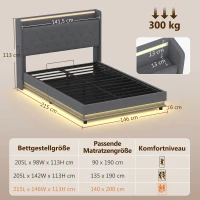 HOMCOM Cadre de lit 140 x 200 cm avec tête et pied de lit, lit plateforme avec rangement hydraulique, lumières LED(m-3)