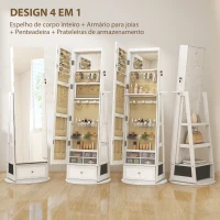 HOMCOM Espelho de Pé Giratório 360° com Espelho com Interior Iluminado Organizador de Jóias com Prateleiras e Gavetas 56x56x164 cm Branco(m-4)