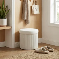 HOMCOM Puff de Arrumação Banco de Arrumação Dobrável 35 L 38x38x38 cm Estofado em Veludo Baú de Arrumação Redondo Creme(m-2)