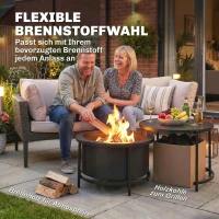 Outsunny Feuerschale 66 x 63 x 41 cm Rund Feuerstelle mit Grillrost Schürhaken Deckel Ständer Schwarz(m-6)