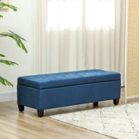 HOMCOM Banc de rangement 94,5L banquette bout de lit en tissu aspect lin et pieds en bois, 125 x 49 x 41,5 cm, bleu(m-10)