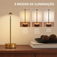 HOMCOM Conjunto de 2 Candeeiros de Mesa Recarregáveis por USB Reguláveis com Controlo Táctil 3000K/4500K/6500K Ø10x30 cm Dourado(m-4)