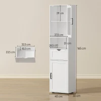 HOMCOM Coluna Casa de Banho com Porta de Vidro Prateleiras Ajustáveis Gaveta e Prateleira Aberta  40x30x165 cm Branco(m-3)