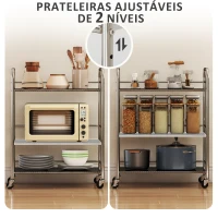 HOMCOM Carrinho Auxiliar com Rodas de Aço Inoxidável de 3 Níveis com Prateleira Ajustável 2 Rodas com Travão 60x35x77 cm Prateado(m-5)