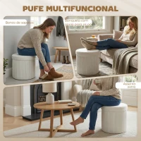 HOMCOM Puff de Arrumação Banco de Arrumação Dobrável 35 L 38x38x38 cm Estofado em Veludo Baú de Arrumação Redondo Creme(m-7)