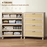 HOMCOM Commode 4 tiroirs cannage en rotin dim. 80L x 40l x 103H cm MDF Aspect Bois Clair(m-5)