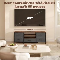 HOMCOM Meuble TV 140 cm, meuble télé 65 pouces, station de charge, 5 tiroirs en tissu, étagères ouvertes, 140x30x50cm, marron(m-7)