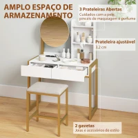 HOMCOM Toucador de Maquilhagem com Espelho e Banco Acolchoado Estação de Carregamento 2 Gavetas 3 Prateleiras para Quarto Branco(m-6)