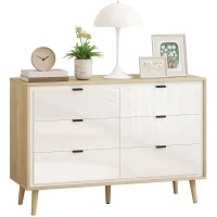 HOMCOM Cómoda 6 Gavetas Cómoda Quarto com Pernas de Madeira Estilo Moderno 110x40x75 cm Branco Brilhante e Carvalho(m-10)