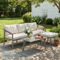 Outsunny 3 Piece Garden Dining Set, Outdoor Patio Furniture with 3 Seater Sofa, Footstool, Coffee Table and Cuhsions(m-8)