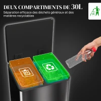 HOMCOM Poubelle de cuisine 2 compartiments de 2 x 30L, acier inoxydable, couvercle à fermeture douce, 47,7x37,5x66,8cm, noir(m-4)