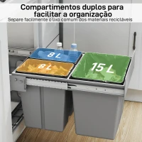 HOMCOM Balde  de Lixo Embutido com 3 Recipientes Removíveis Capacidade Total 31L (15L+8Lx2) 48x34,3x35,1 cm Cinzento Claro(m-5)