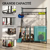 SPORTNOW Rangement d'équipements de sport, avec paniers, crochets amovibles, sangles élastiques, 92 x 42 x 109 cm, noir(m-4)