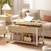 HOMCOM Mesa de Centro Elevatória com Rodas Compartimento Oculto e Prateleiras Abertas 105x50x67 cm Madeira e Branco(m-15)