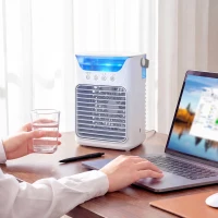 HOMCOM Climatiseur portable, mini rafraîchisseur d'air 4 en 1, 3 vitesses, 2 modes brumisation, éclairage LED RGB 7 LED, blanc(m-10)