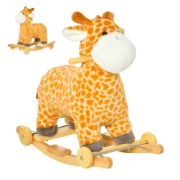 HOMCOM 2 In 1 Kids Todder Rocking Horse Plush Ride On Giraffe Rocker with Wheels Wooden Base Animal Sounds for 3-6 Years(m-10)