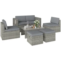 Outsunny Set da Esterno 6pz con Divano, 2 Sedie, Tavolino con Piano in Vetro e 2 Pouf, Grigio Scuro(m-11)