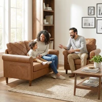 HOMCOM Sofá de 2 Lugares de PU com Pés de Madeira Encosto com Costuras Sofá Moderno para Sala de Estar Quarto Castanho(m-9)