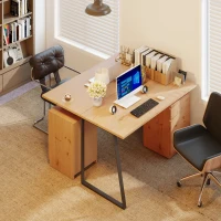 HOMCOM Computer Desk, Writing Desk with Cabinet, Drawer, Metal Legs, Work Table for Home Office Study, Natural Wood Finish(m-9)