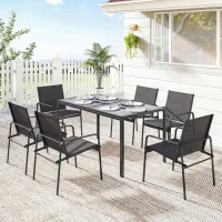 Outsunny Salon de Jardin Extérieur pour 6 Personnes, Table de Patio Effet Bois et Chaises avec Assise en Maille Respirante, Cadre en Acier Galvanisé, Noir(m-10)