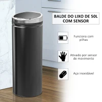 HOMCOM Balde do Lixo Automático 50L com Tampa de Fecho Suave e Silencioso Corpo em Aço Inoxidável Preto(m-4)