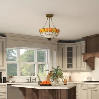 HOMCOM Tiffany Style Ceiling Light, Vintage Chandelier with 3 E27 Sockets, Semi Flush Mount for Living Room, Bulbs Not Included(m-7)