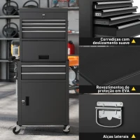 HOMCOM Carrinho de Ferramentas com 6 Gavetas Rodas Painel Lateral Perfurado e Caixa de Ferramentas Desmontável 60,5x33,5x131 cm Preto(m-8)