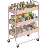 HOMCOM 3-Tier Storage Trolley on Wheels, Rolling Utility Cart with Mesh Backets for Kitchen, Bathroom, Bedroom, Light Pink(m-10)