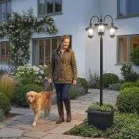 Outsunny Lampadaire Extérieur sur Pied à 3 Têtes avec Bac à Fleurs, Capteur Automatique Crépuscule à L'aube, 52x52x185cm, Noir(m-10)