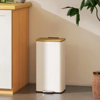 HOMCOM Balde de Lixo de Cozinha com Pedal 20L Tampa de Bambu com Fecho Suave 29,5x29,5x56,8 cm Branco e Madeira(m-8)