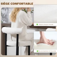 HOMCOM Lot de 2 tabourets de bar, chaises de bar en tissu bouclette avec dossier incurvé, repose-pieds, 50x52,5x98cm, blanc(m-6)