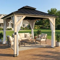 Outsunny 3 x 3 m Outdoor Hardtop Gazebo Canopy with 2-Tier Steel Roof, Wood Garden Gazebo with Curtains, Light Grey(m-2)