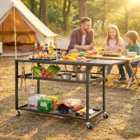 Outsunny Desserte jardin chariot de barbecue sur roulettes avec Plateau Latéral Pliable, Trois Étagères, 133 x 48,5 x 82 cm, Noir(m-8)