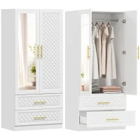 HOMCOM Roupeiro com Espelho 2 Portas e 2 Gavetas Relevo de Diamante Barra para Pendurar Estilo Moderno 80x50x180 cm Branco(m-10)